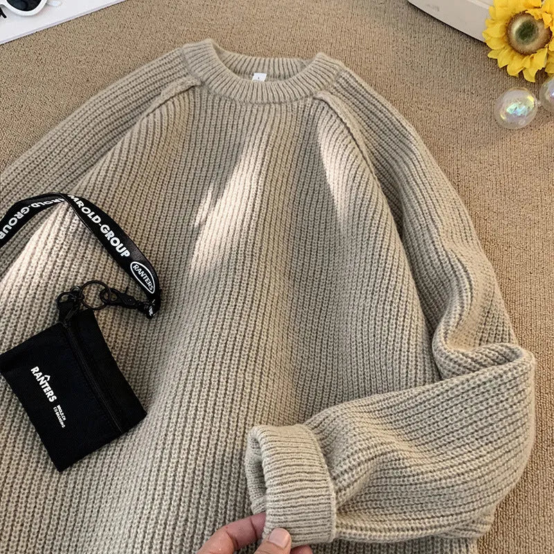 Men's loose fit plain pullover sweater with long sleeves in black, brown or greige, sizes M to XXL