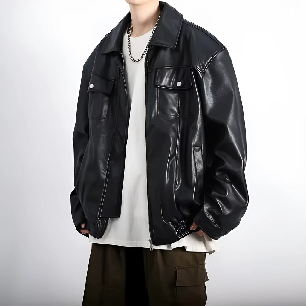 Black retro textured PU leather motorcycle jacket for men with loose fit