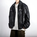 Black retro textured PU leather motorcycle jacket for men with loose fit