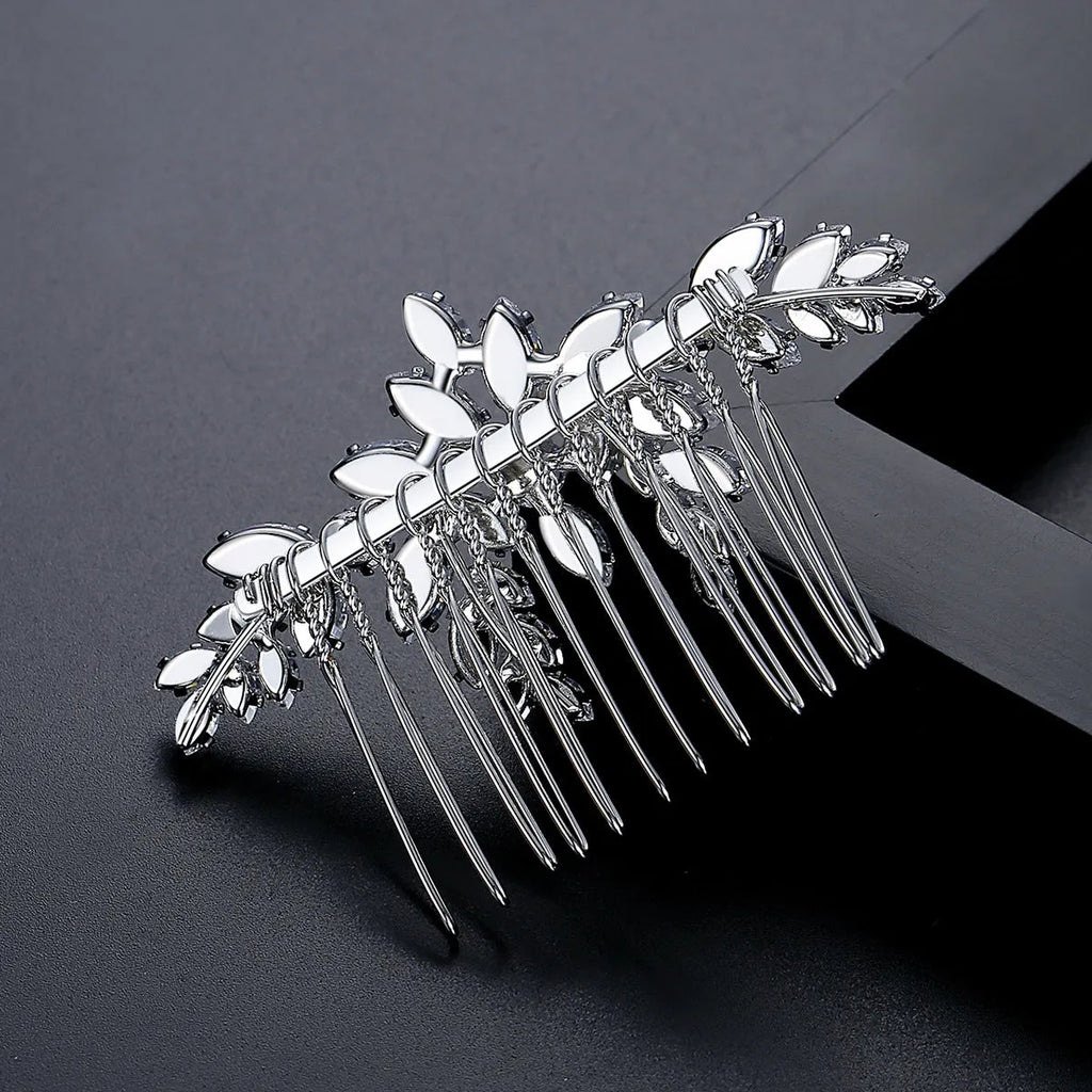 Copper bridal hair accessory with inlaid zircon stones in flower shape, electroplated finish