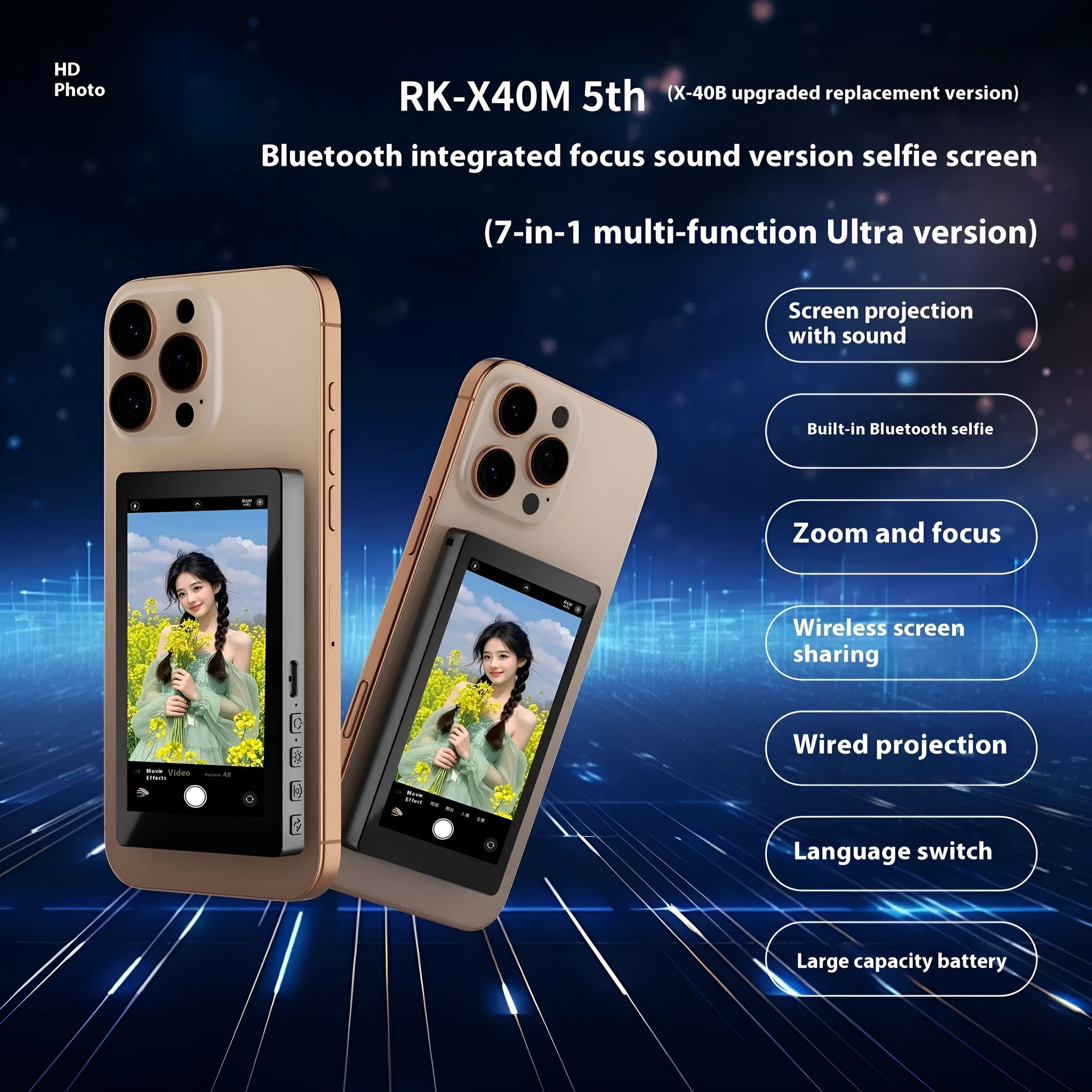 Mobile phone rear magnetic selfie display audio zoom projector in black, grey, or white colours