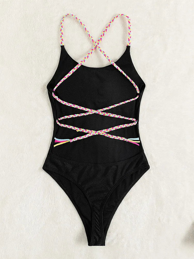 Black solid colour backless one-piece swimsuit made from nylon fabric