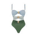 Yellow and green women's high-waist bikini set with separate top, pants, and a wrap skirt.