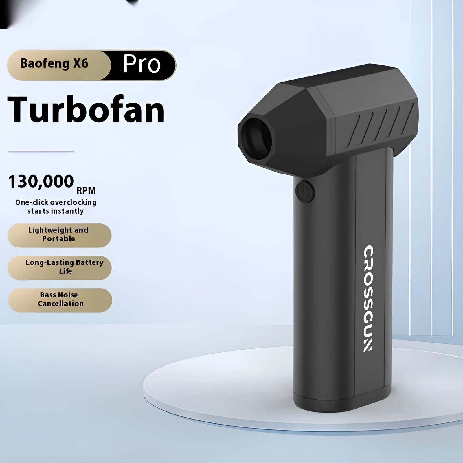 Compact handheld fan with metal blades and 4-speed settings in black, 80x37x135mm