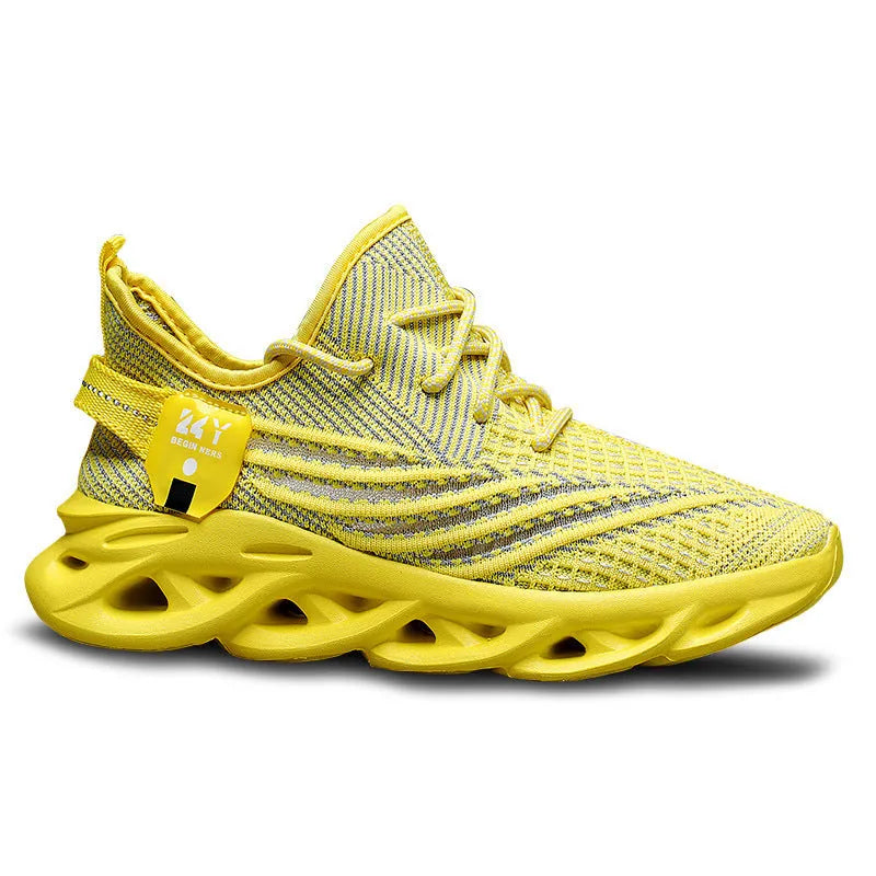 Men's blue casual sneakers with mesh upper and foam sole on a white background.