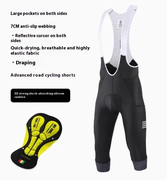 Black seven-inch cycling shorts with a shock-absorbing cushion, compression fit, and side pockets.