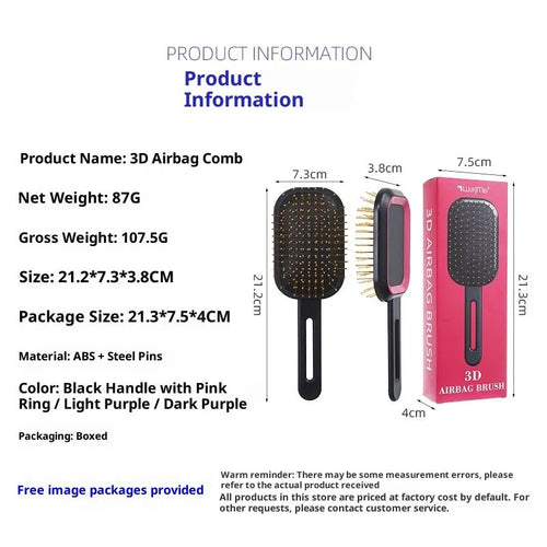 3D air cushion comb with ABS steel needles in boxed gift packaging, over 20cm length, black handle with pink ring
