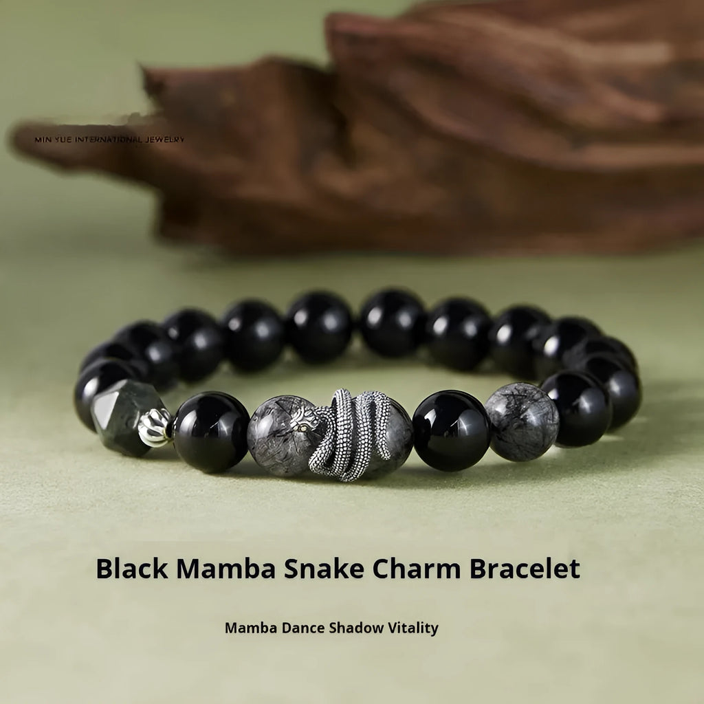 Men's black retro snake bracelet with obsidian crystal on S925 sterling silver band