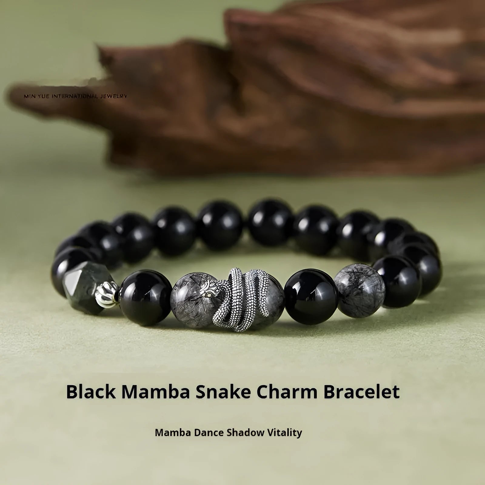 Men's black retro snake bracelet with obsidian crystal on S925 sterling silver band