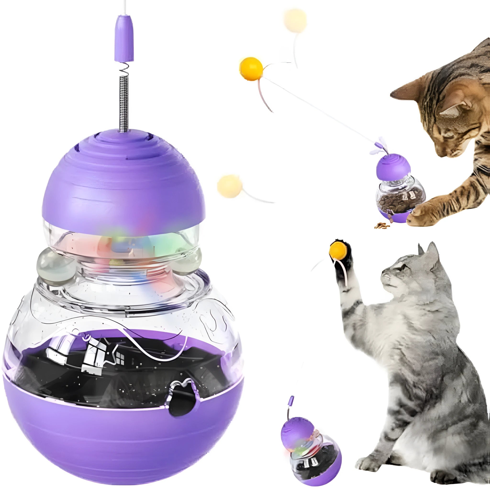 Interactive cat wand toy with rocking base, teaser stick, and built-in food dispenser in yellow.