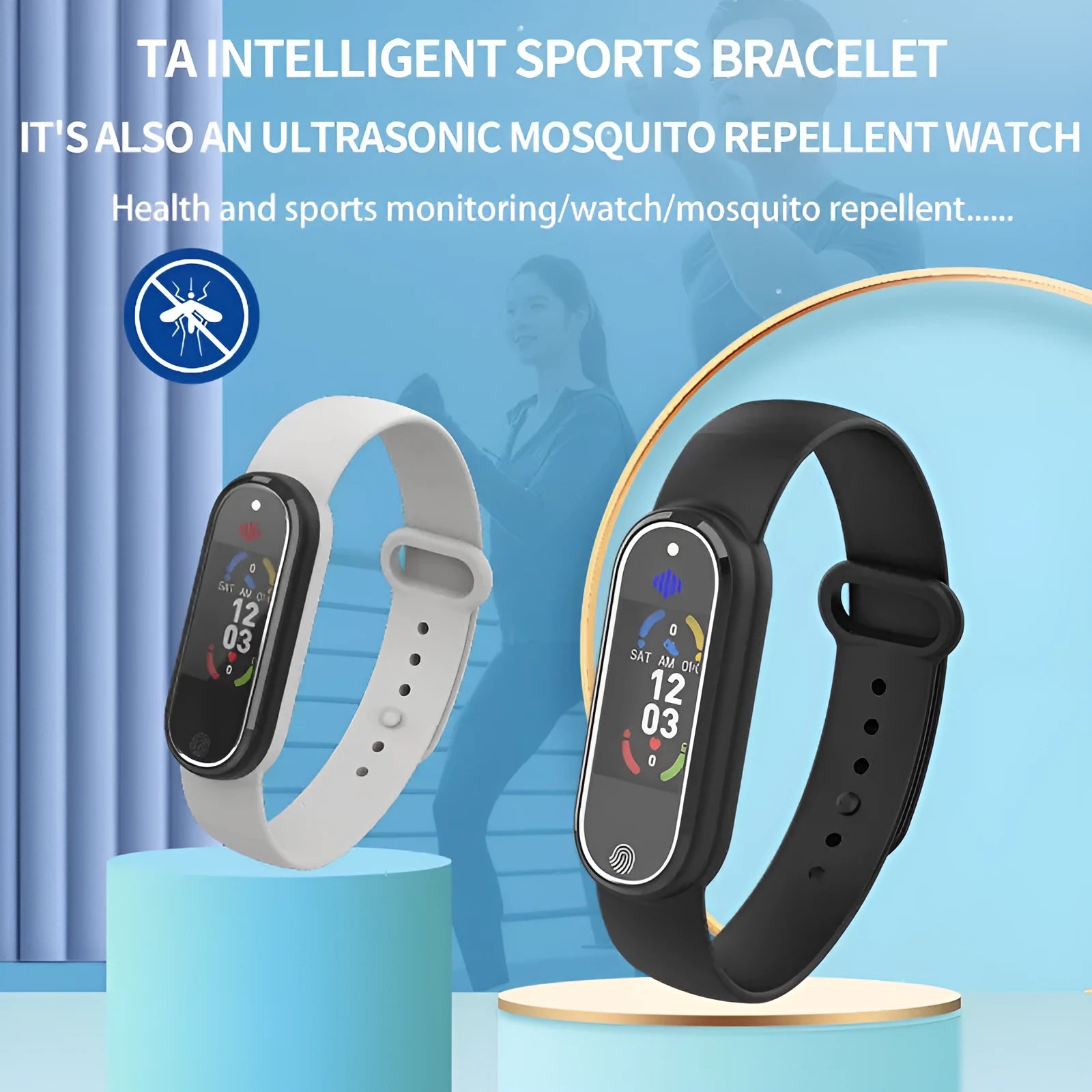Black and white electronic ultrasonic mosquito repellent bracelet with USB charging port