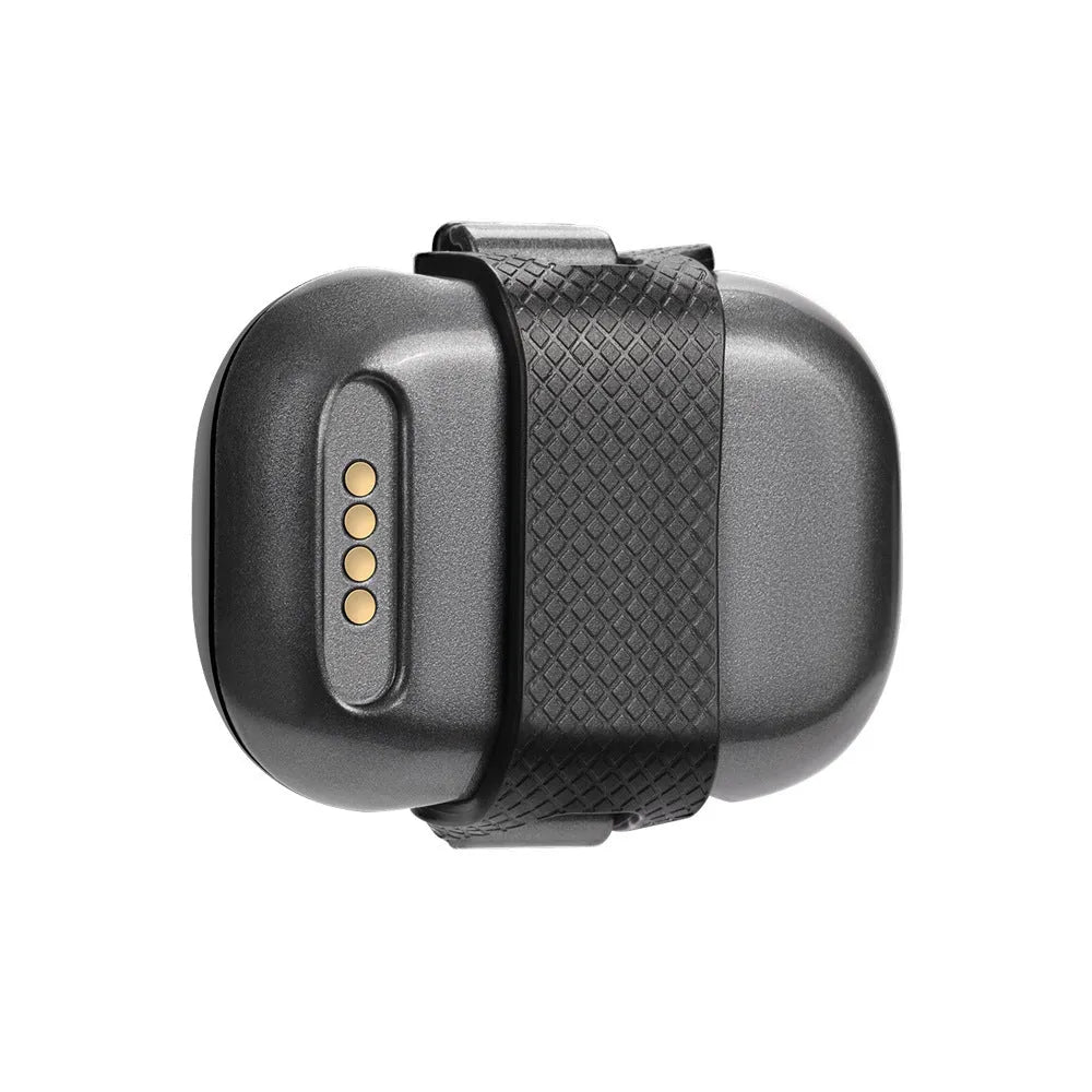 Black pet GPS tracker with hanging rope on a dog collar, showing compact ABS case.
