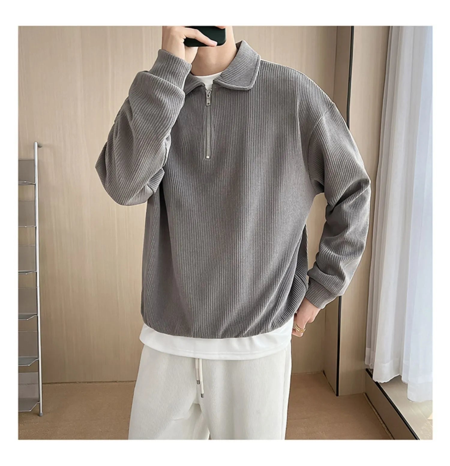 Men's half zip polo sweater striped thin coat pullover long sleeve polyester fibre