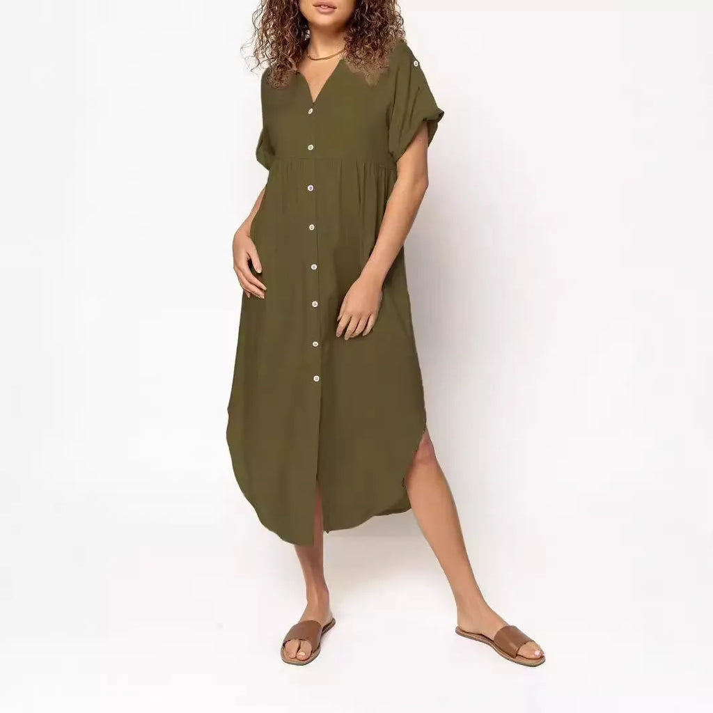 A loose fit, solid colour midi dress with a button front detail, shown in one of eight available colour options.