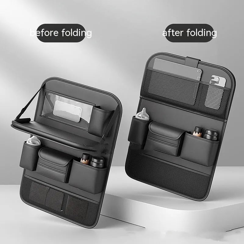 Waterproof leather car seat storage bag with foldable dining table in obsidian black colour