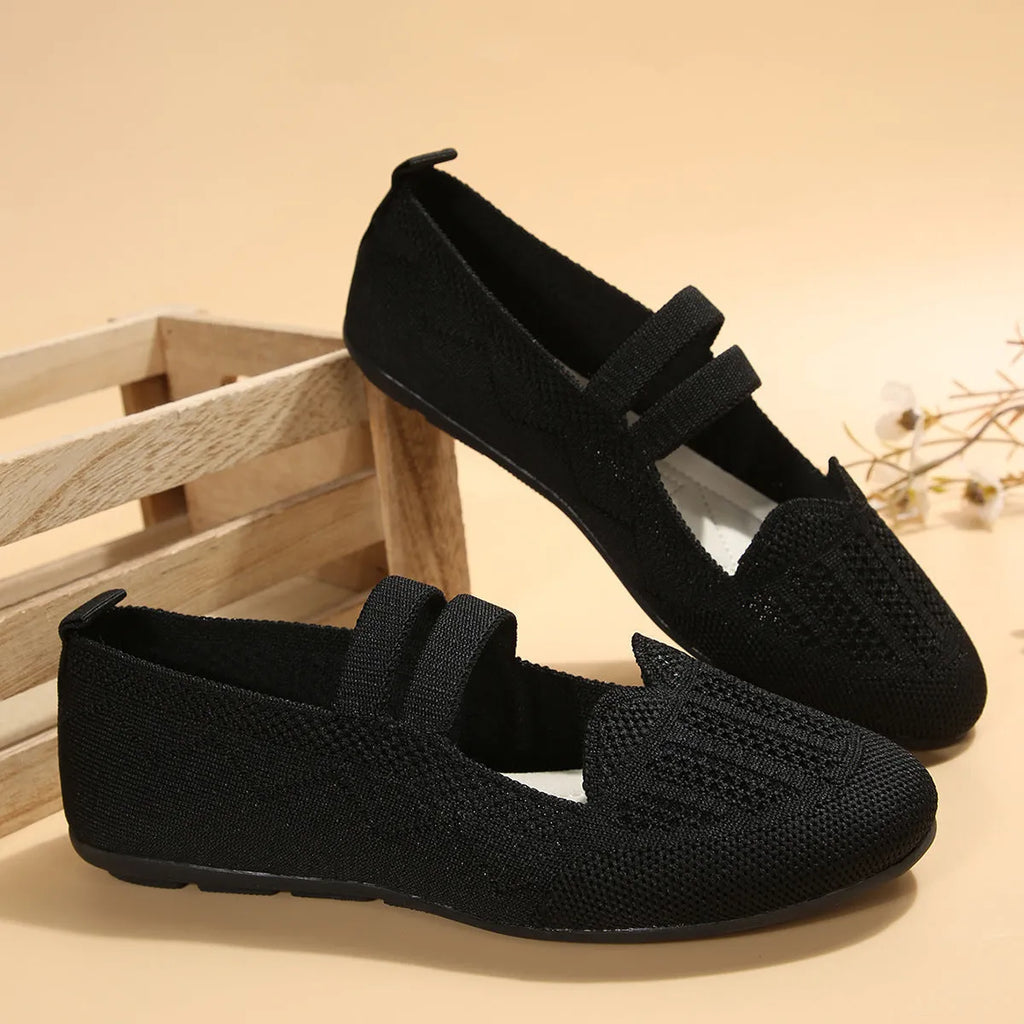 Women's casual mesh flats black low-cut round toe slip-on shoes with hollow detailing and rubber sole
