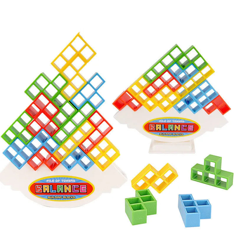 Plastic balance stacking game with 16 colourful building blocks on a square chassis
