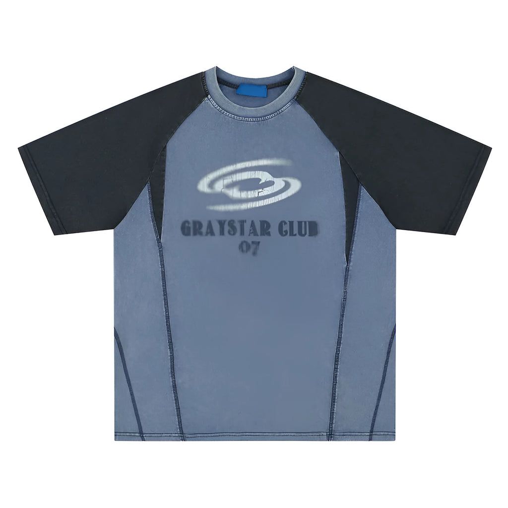 Blue hip hop letter print T-shirt with raglan sleeves on male model