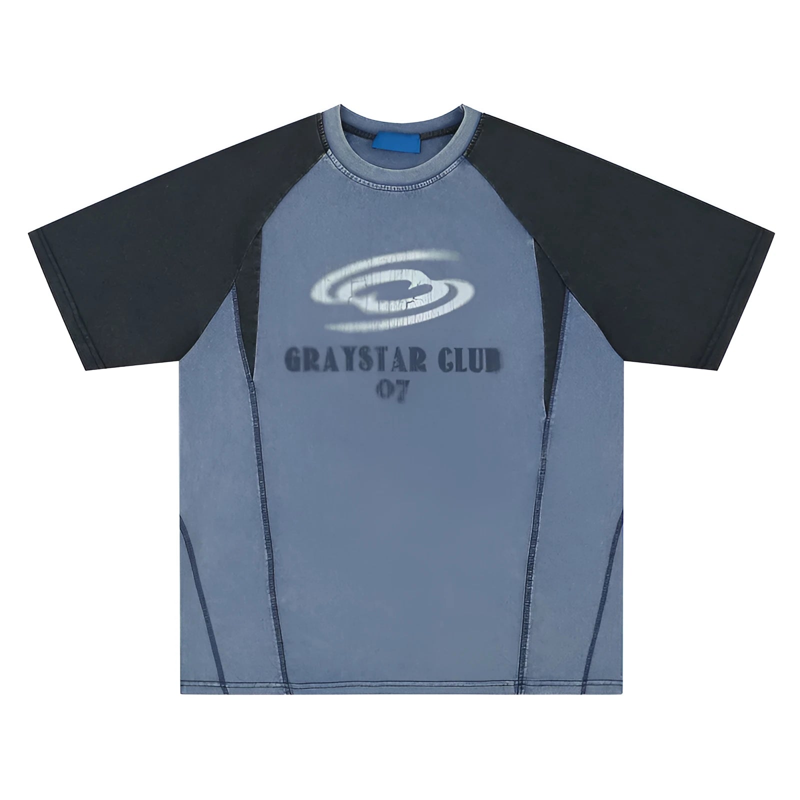 Blue hip hop letter print T-shirt with raglan sleeves on male model