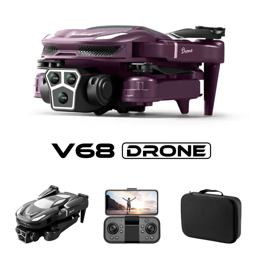 Black aerial photography drone with three cameras and HD remote control on display