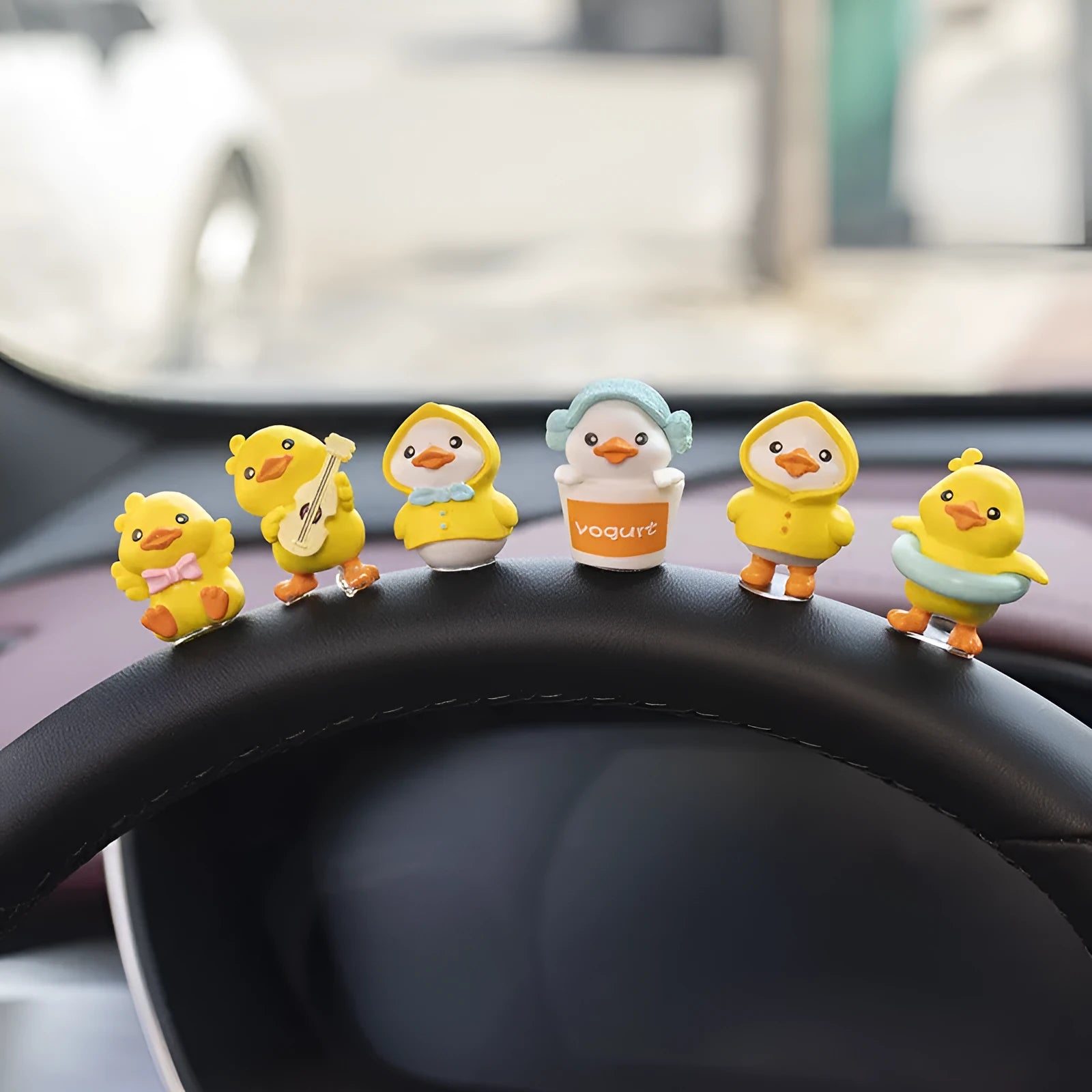PVC cartoon duckling car dashboard decoration set with 6 small ducks and one sign