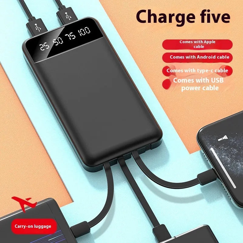 20000mAh black plastic power bank with integrated charging cable shown next to a mobile phone
