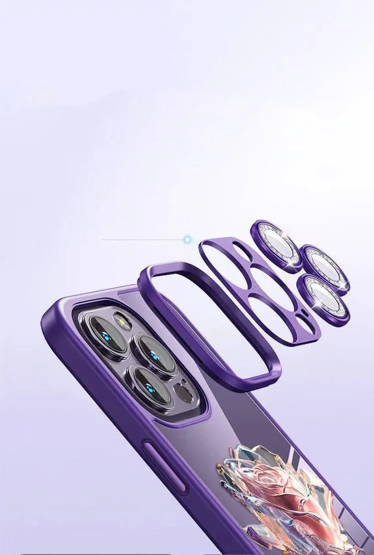 Dark purple TPU iPhone case with pink rose design and sparkling pink lens film over cameras.