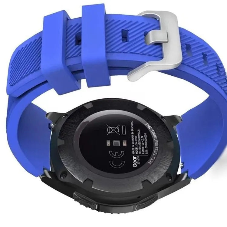 Silicone watch strap in 20mm and 22mm widths, shown in assorted colours including black, white, rose red, and blue.