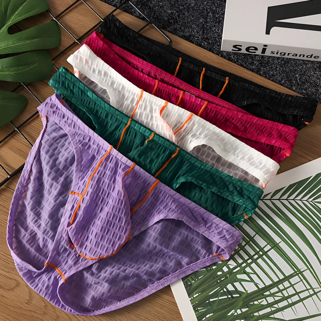 Men's low waist briefs in ice silk lace fabric on a solid background, showing the sports design.