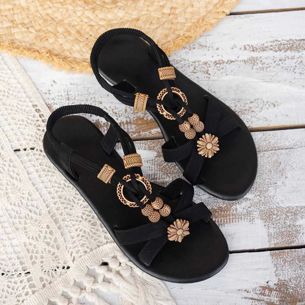 Black ethnic style flat women's sandals with beaded weave open toe and rhinestone decoration
