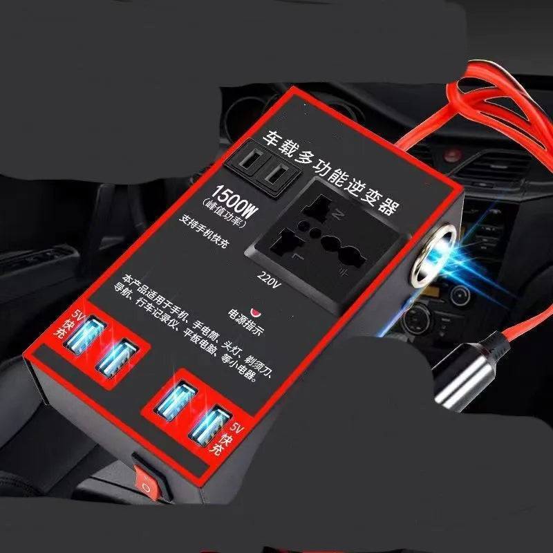 Black 12V 24V to 220V automotive power converter with car cigarette lighter plug and USB ports