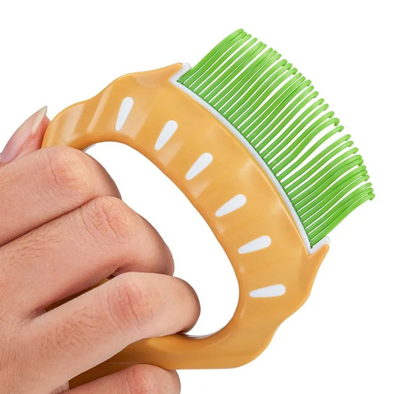 Shell shaped pet grooming brush with wire bristles in green, orange and purple colour options