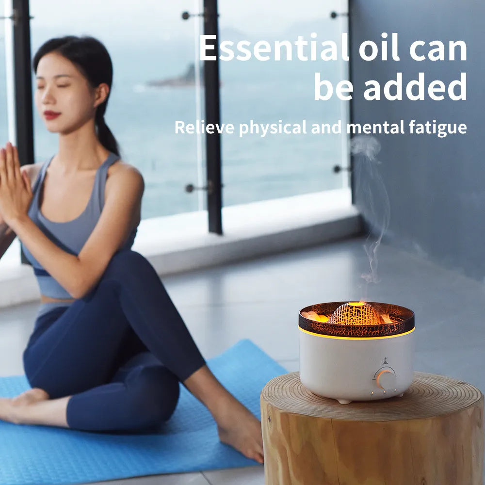 White columnar volcanic humidifier with simulated flame lighting and remote control