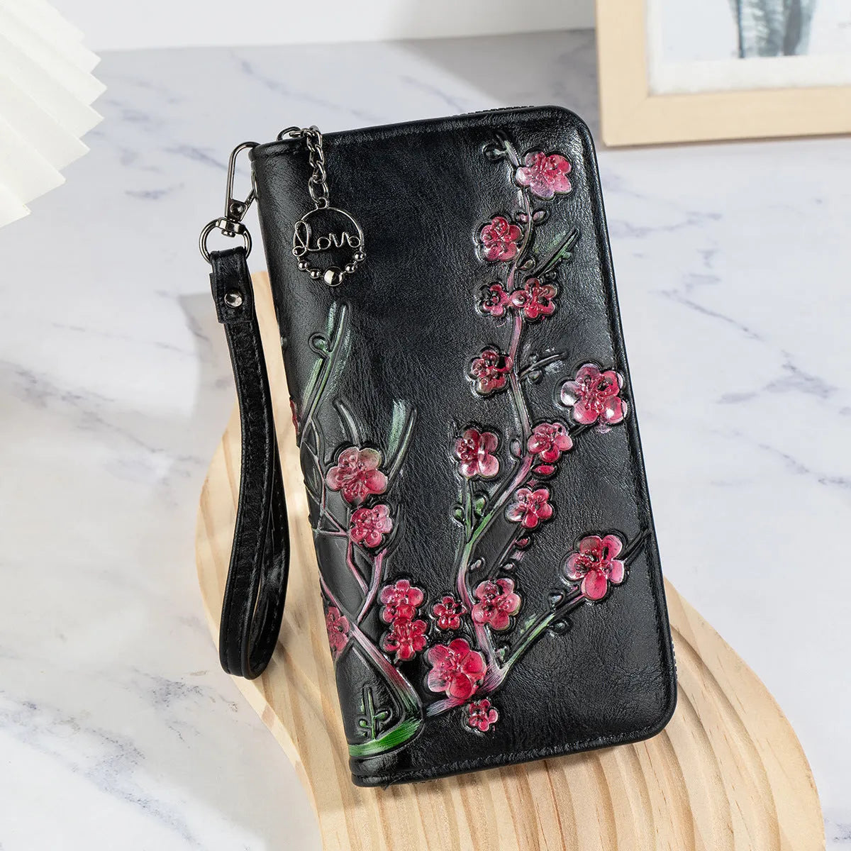 Embossed hand-painted floral pattern Chinese style zipper handbag in PU leather