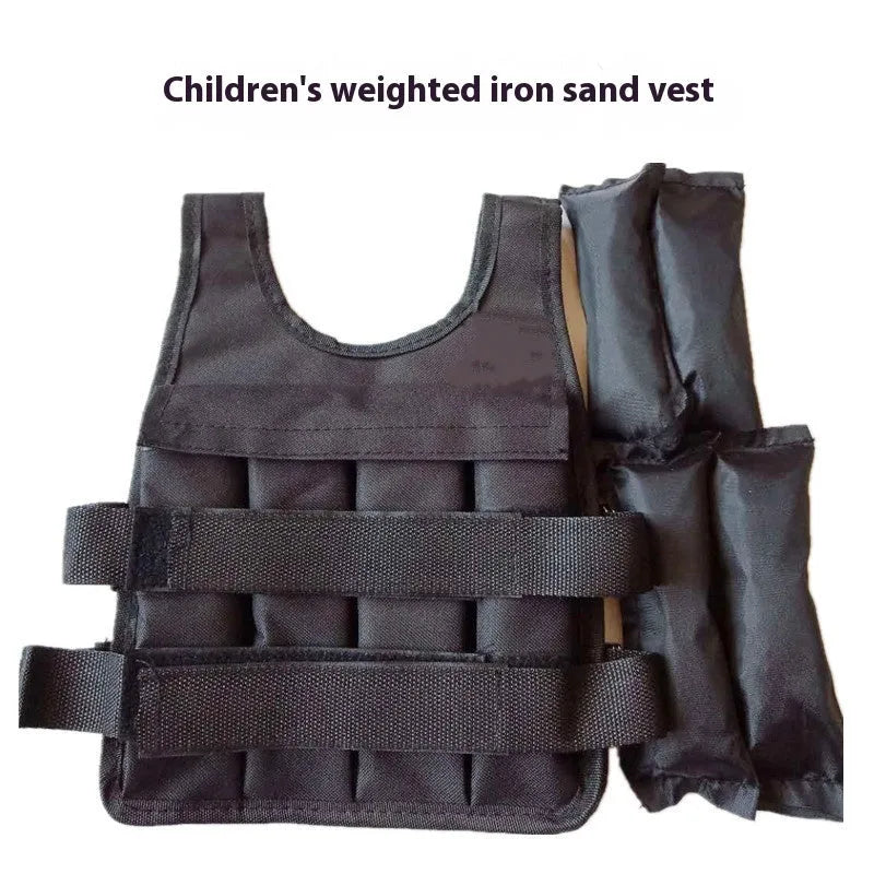 Child wearing an adjustable grey sand vest with secure straps, showing the thin voile fabric and distributed weight design.