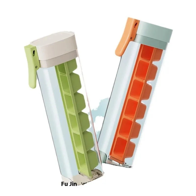 Ice cube mold with storage box showing one-touch release mechanism and food-grade PET construction