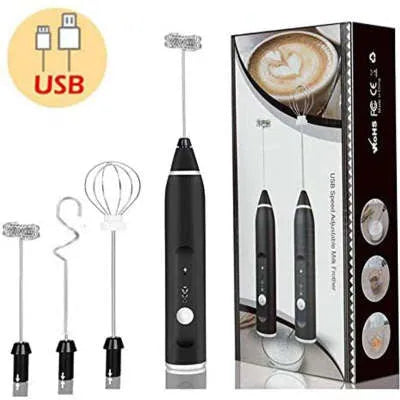 Rechargeable electric milk frother with USB cable, egg beater head, mixing head, and milk foam head in black, pink, silver, white