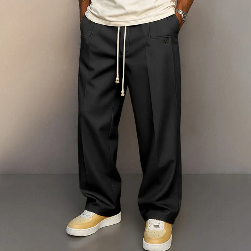 Casual straight leg drawstring pants in solid colour, polyester blend fabric, leisure wear