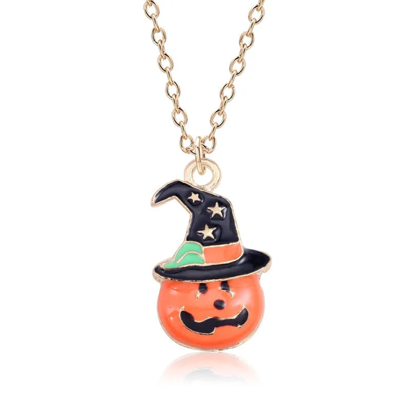 Halloween oil drop pumpkin cat necklace pendant alloy chain 45+5cm clavicle style