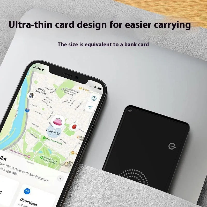 Black locator smart wallet anti-loss alarm device made of ABS material measuring 85x54x3.28mm with 200mAh battery