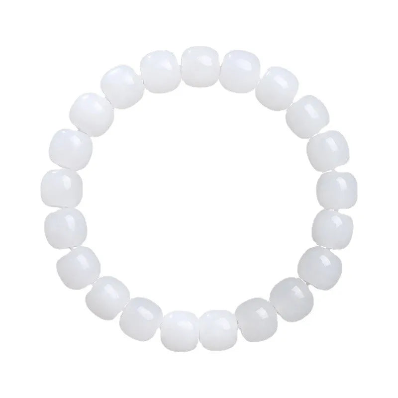 White Hetian jade barrel bead bracelet for men and women showing bead size options.