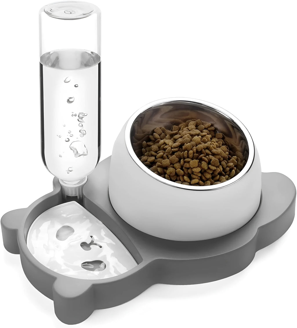 Grey panda-shaped tilted pet feeder with stainless steel bowls and a large automatic water bottle on a wide base.
