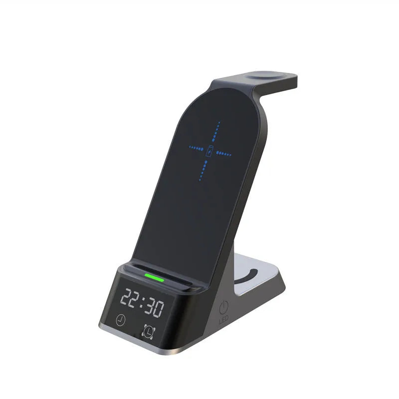 Black six-in-one multifunctional alarm clock with wireless phone charging pad and digital display.
