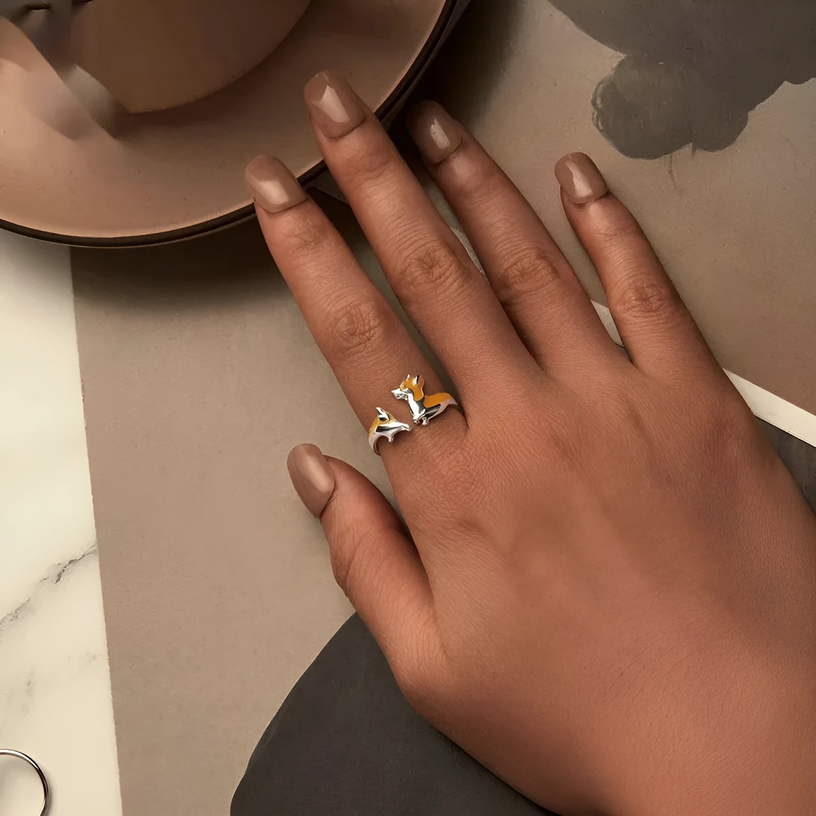 Adjustable silver electroplated ring with cartoon corgi dog design