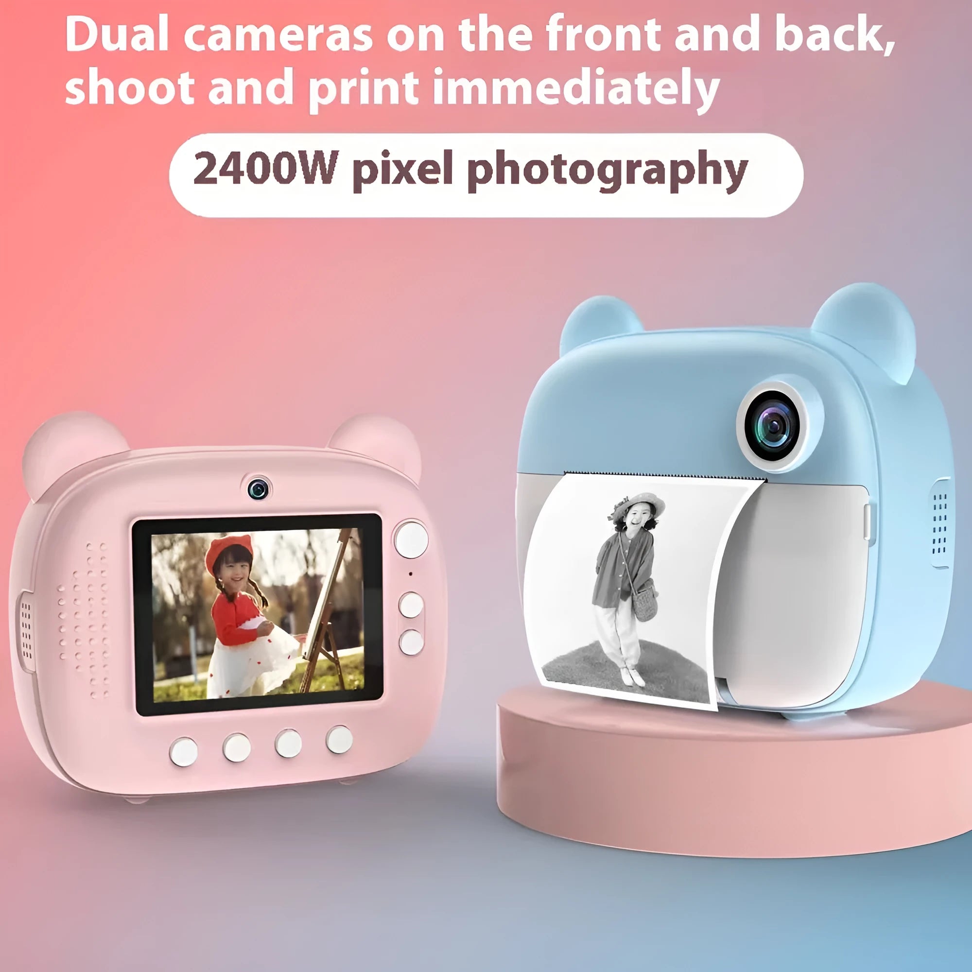 Pink children's SLR-style dual lens toy camera on a white background.