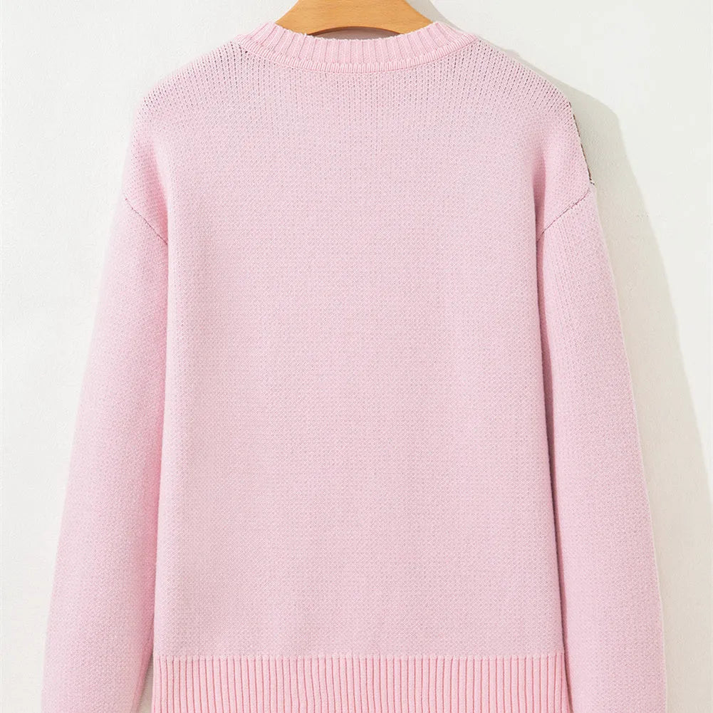 Women's pink acrylic loose slimming sweater with round neck and long sleeves for spring
