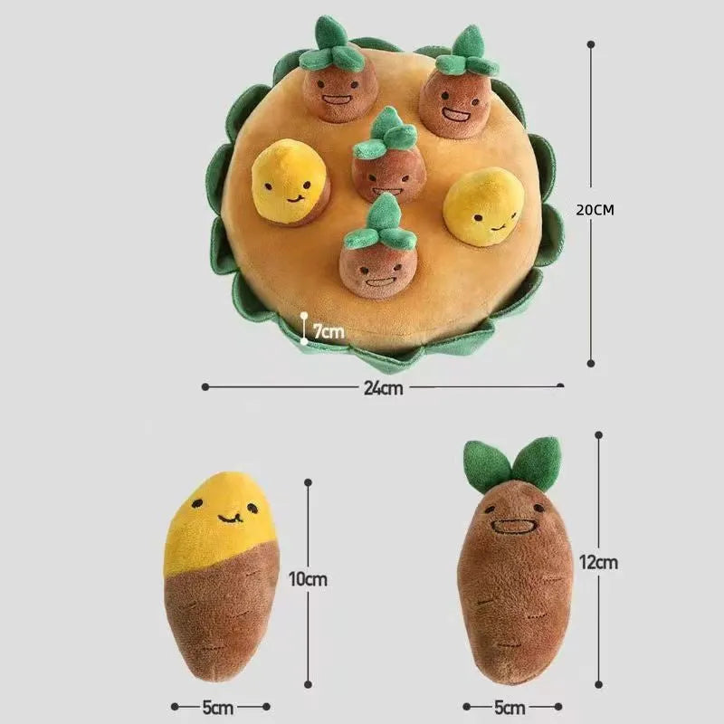 Yellow interactive dog puzzle toys with sniffing pads, feeding pads, and removable squeaky plush toys