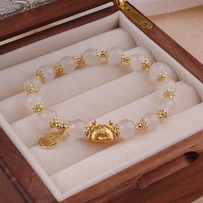 Floral glazed bracelet with zodiac animal charm and electroplated glass beads in multiple colour options