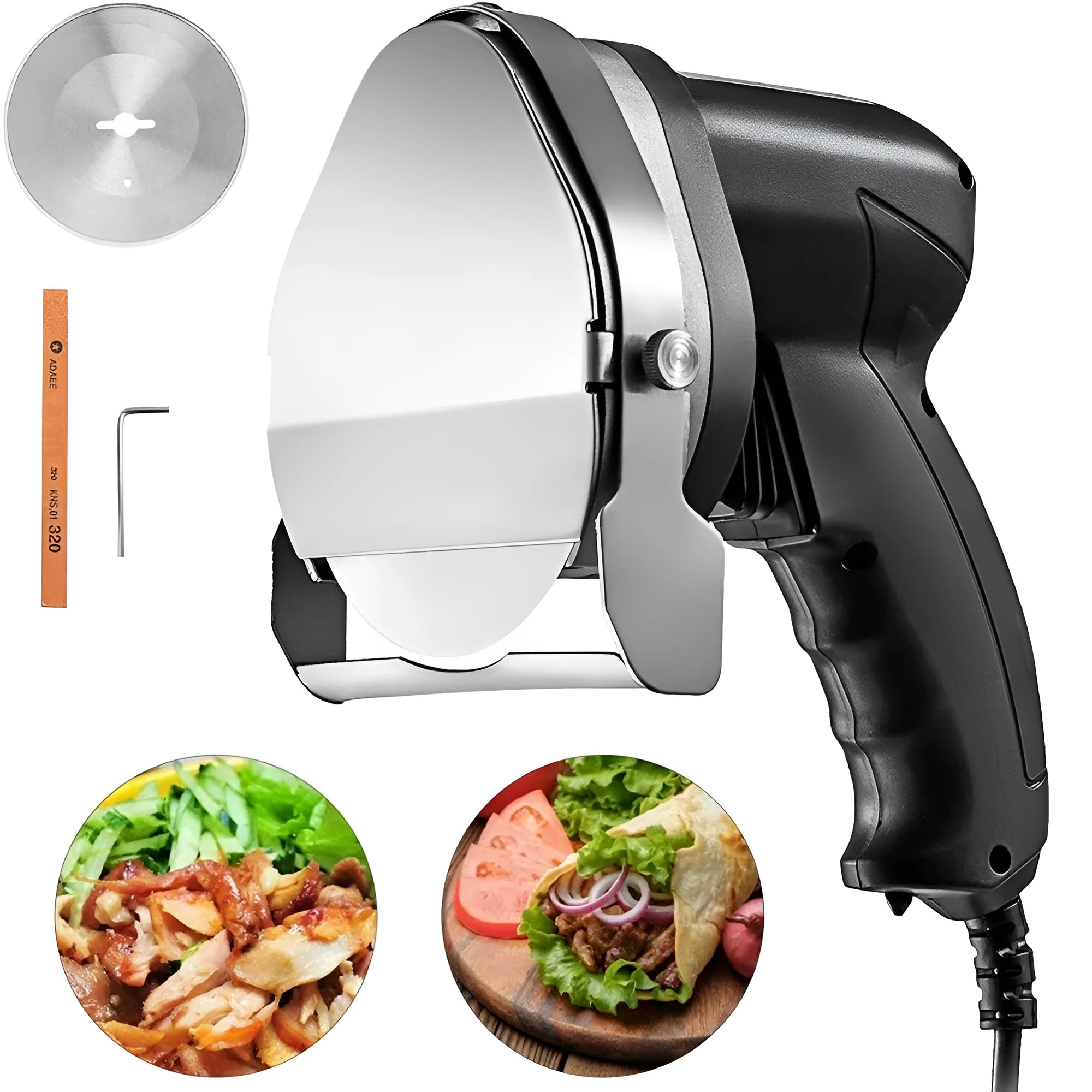 Black KS-100E electric meat cleaver appliance on a counter, showing its blade and compact 150x200x270mm body.