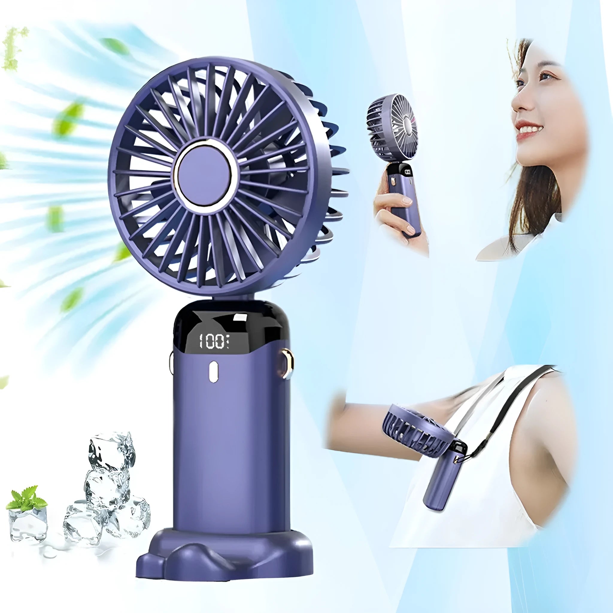 Blue portable handheld fan showing foldable design with digital battery display and removable grill